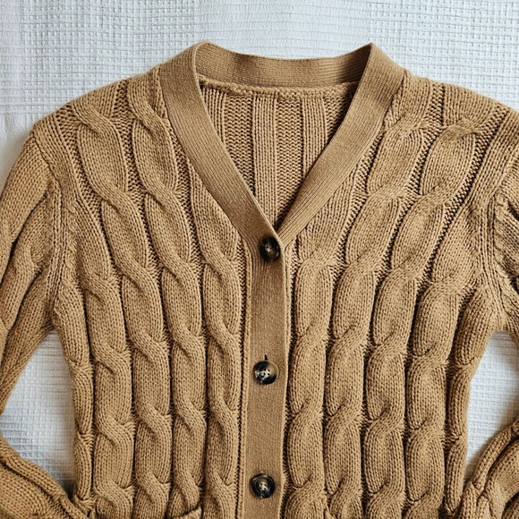 Camel Tan Cable Knit Cardigan Sweater Eclectic Grandpa Buttons Pockets Women M/L - Picture 3 of 9